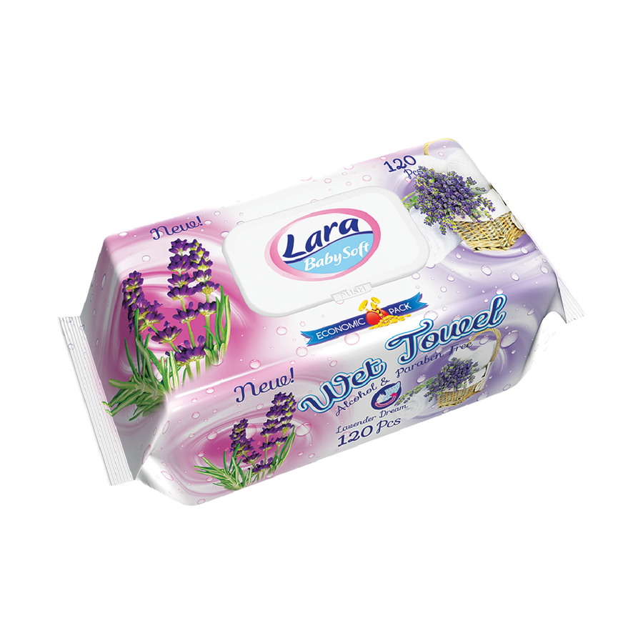 Lara_Towel_Lavender_120Pcs Мокри кърпи Lara Family с екстракт от лавандула, 120 бр. - Image 1